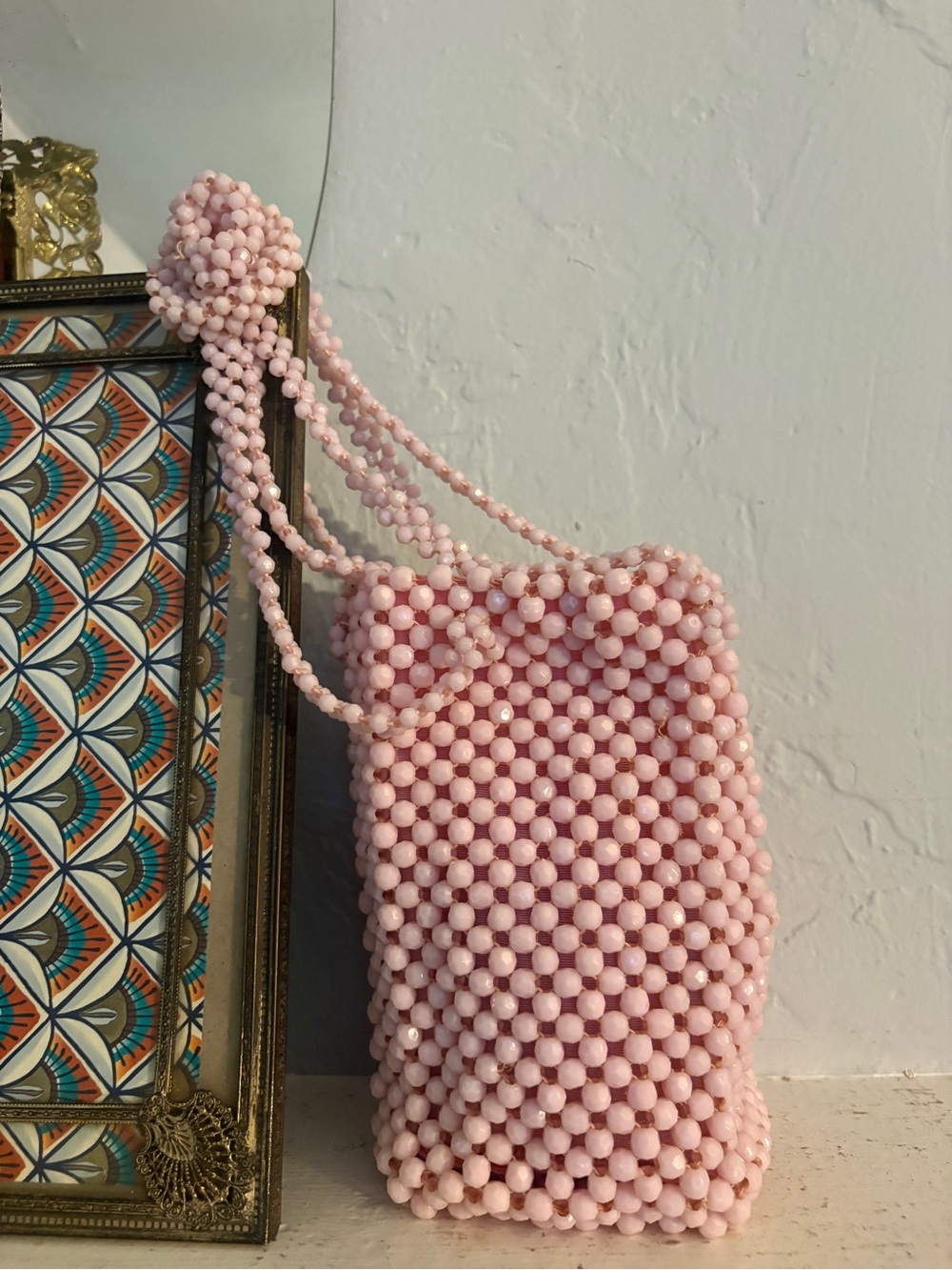 VINTAGE LA REGAL PINK BEADED POUCH BAG